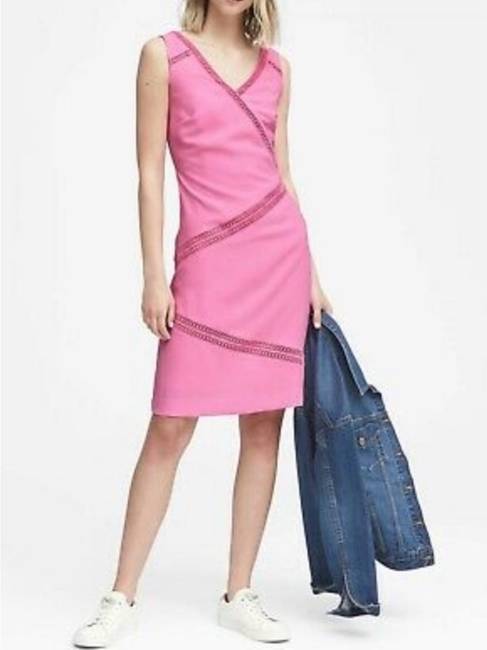 Banana Republic Bubble Gum Pink Lace Trim Sleeveless Shift Dress Size 14
